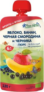 Fleur Alpine Organic Пюре Яблуко-банан-чорна смородина-чорниця з 6 місяців 120 г (5024688001093)